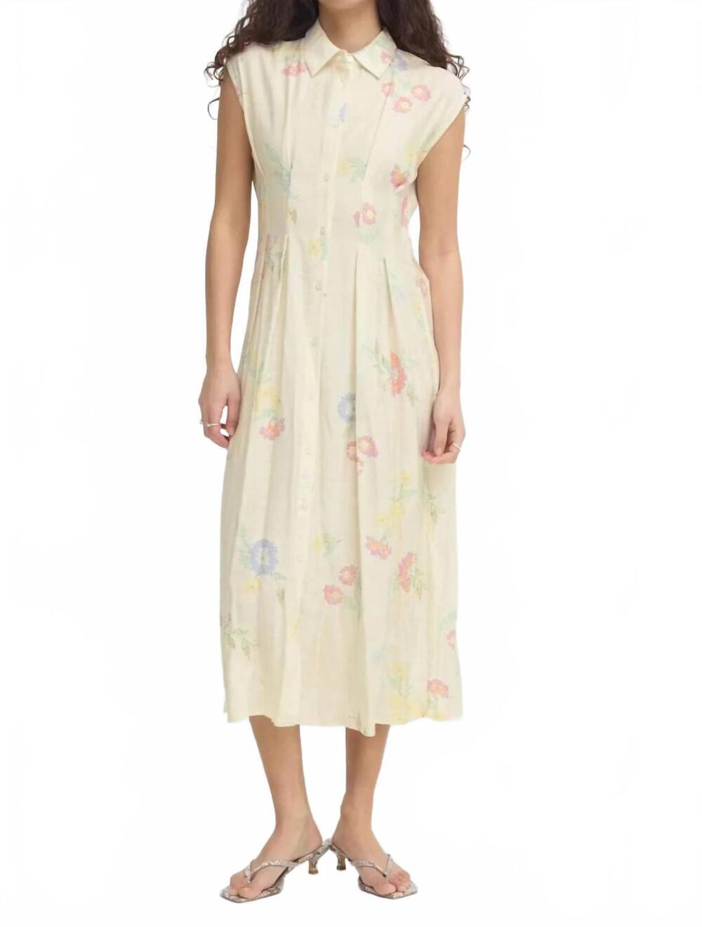 NEW ICHI cross stitch print button front sleeveless dress in cream